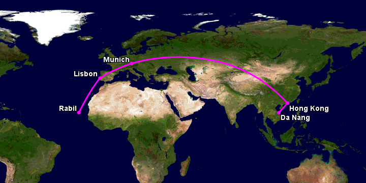 Bay từ Đà Nẵng đến Boa Vista Cv qua Hong Kong, Munich, Lisbon
