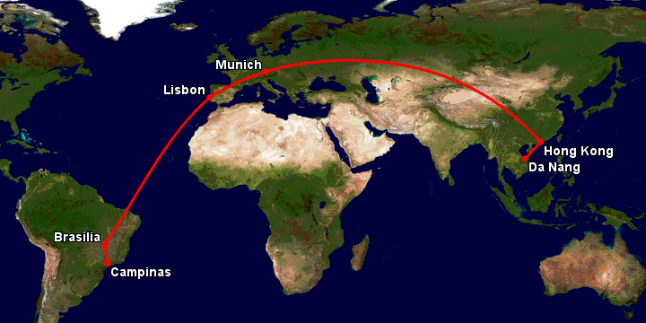 Bay từ Đà Nẵng đến Campinas qua Hong Kong, Munich, Lisbon, Brasília