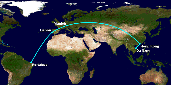 Bay từ Đà Nẵng đến Fortaleza qua Hong Kong, Munich, Lisbon