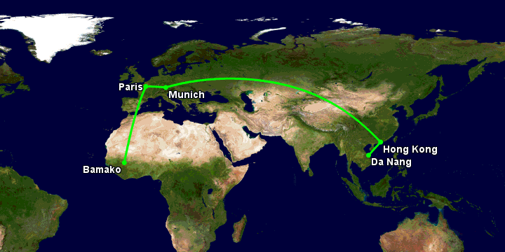 Bay từ Đà Nẵng đến Bamako qua Hong Kong, Munich, Paris