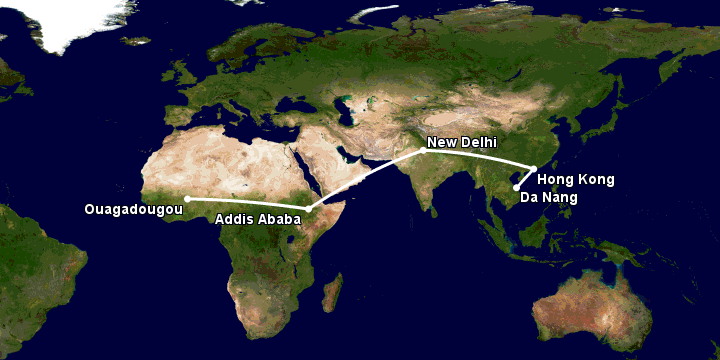 Bay từ Đà Nẵng đến Ouagadougou qua Hong Kong, New Delhi, Addis Ababa