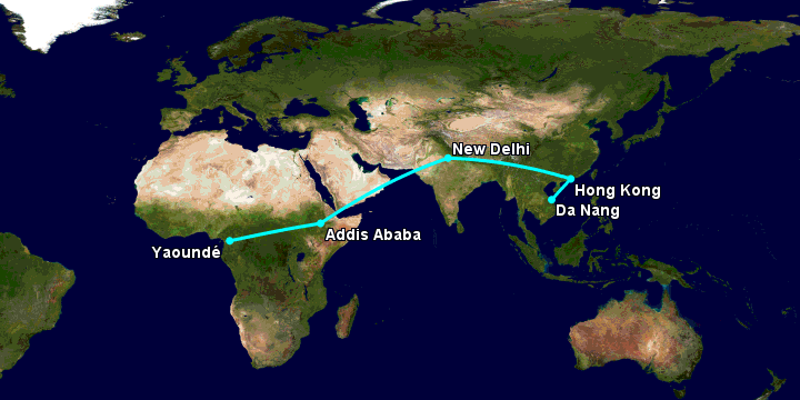 Bay từ Đà Nẵng đến Yaounde qua Hong Kong, New Delhi, Addis Ababa