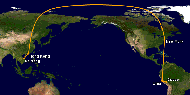 Bay từ Đà Nẵng đến Cuzco qua Hong Kong, New York, Lima