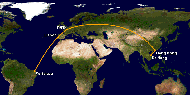 Bay từ Đà Nẵng đến Fortaleza qua Hong Kong, Paris, Lisbon