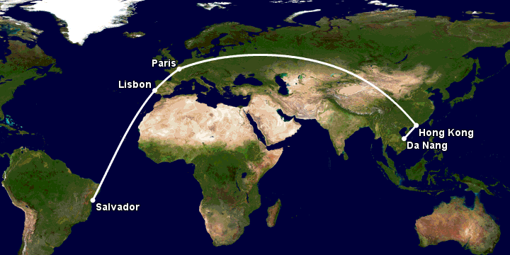 Bay từ Đà Nẵng đến Salvador qua Hong Kong, Paris, Lisbon
