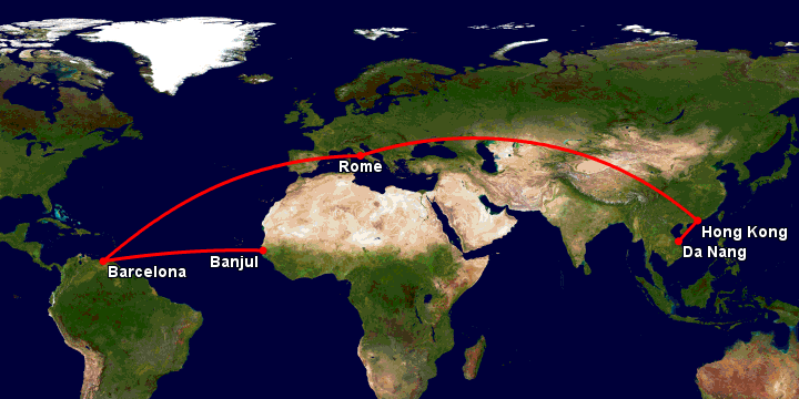 Bay từ Đà Nẵng đến Banjul qua Hong Kong, Rome, Barcelona