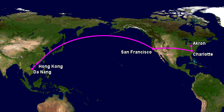 Bay từ Đà Nẵng đến Akron Canton qua Hong Kong, San Francisco, Charlotte