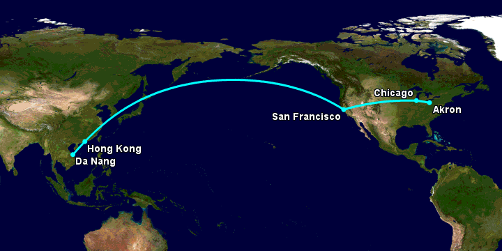Bay từ Đà Nẵng đến Akron Canton qua Hong Kong, San Francisco, Chicago