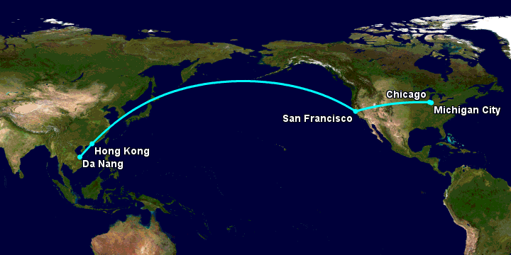 Bay từ Đà Nẵng đến Michigan City qua Hong Kong, San Francisco, Chicago