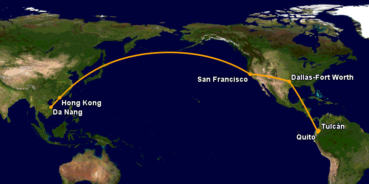 Bay từ Đà Nẵng đến Tulcan qua Hong Kong, San Francisco, Dallas, Quito