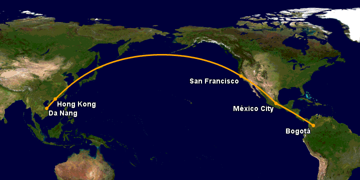 Bay từ Đà Nẵng đến Bogota qua Hong Kong, San Francisco, Mexico City