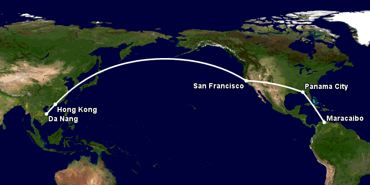 Bay từ Đà Nẵng đến Maracaibo qua Hong Kong, San Francisco, Panama City
