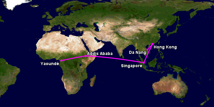 Bay từ Đà Nẵng đến Yaounde qua Hong Kong, Singapore, Addis Ababa
