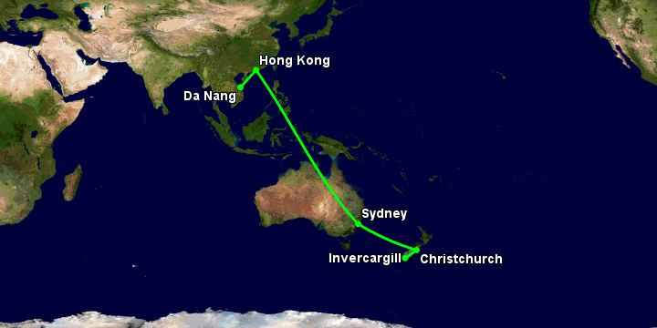 Bay từ Đà Nẵng đến Invercargill qua Hong Kong, Sydney, Christchurch
