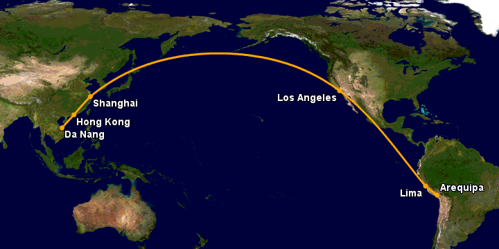 Bay từ Đà Nẵng đến Arequipa qua Hong Kong, Thượng Hải, Los Angeles, Lima