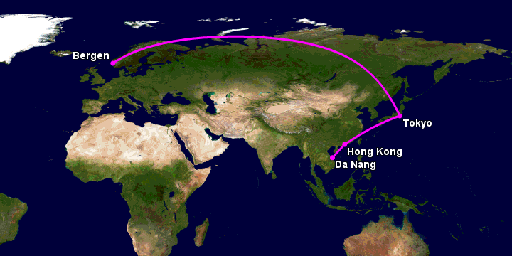 Bay từ Đà Nẵng đến Bergen qua Hong Kong, Tokyo