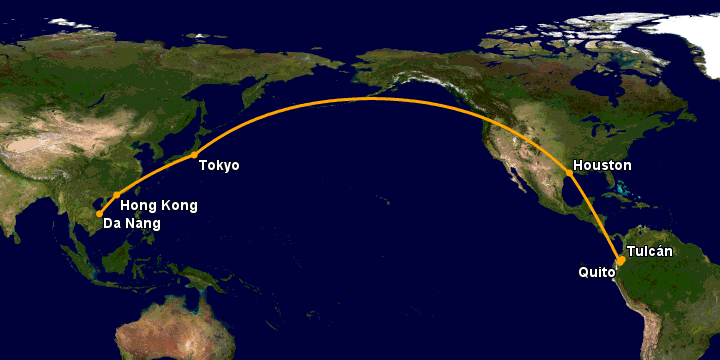Bay từ Đà Nẵng đến Tulcan qua Hong Kong, Tokyo, Houston, Quito