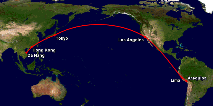Bay từ Đà Nẵng đến Arequipa qua Hong Kong, Tokyo, Los Angeles, Lima