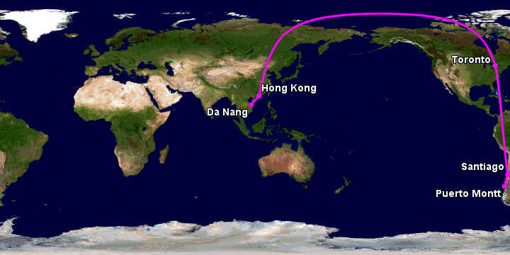 Bay từ Đà Nẵng đến Puerto Montt qua Hong Kong, Toronto, Santiago