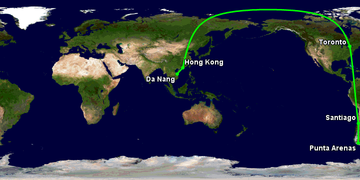 Bay từ Đà Nẵng đến Punta Arenas qua Hong Kong, Toronto, Santiago