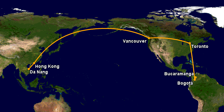 Bay từ Đà Nẵng đến Bucaramanga qua Hong Kong, Vancouver, Toronto, Bogotá