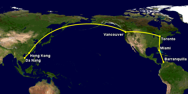 Bay từ Đà Nẵng đến Barranquilla qua Hong Kong, Vancouver, Toronto, Miami