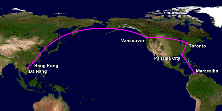 Bay từ Đà Nẵng đến Maracaibo qua Hong Kong, Vancouver, Toronto, Panama City