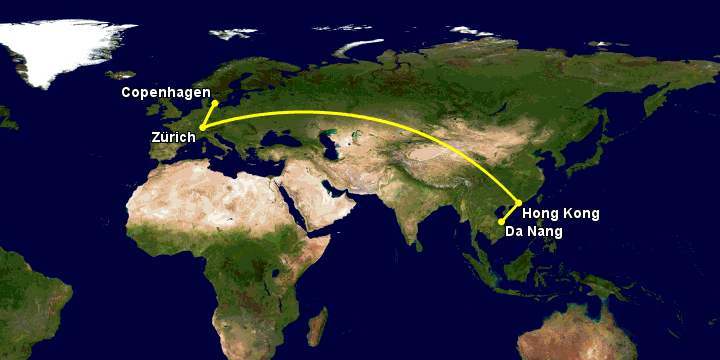 Bay từ Đà Nẵng đến Copenhagen qua Hong Kong, Zürich