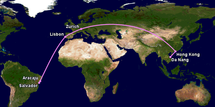 Bay từ Đà Nẵng đến Aracaju qua Hong Kong, Zürich, Lisbon, Salvador