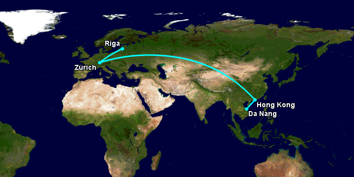 Bay từ Đà Nẵng đến Riga qua Hong Kong, Zürich