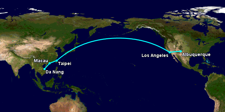 Bay từ Đà Nẵng đến Albuquerque qua Macau, Đài Bắc, Los Angeles