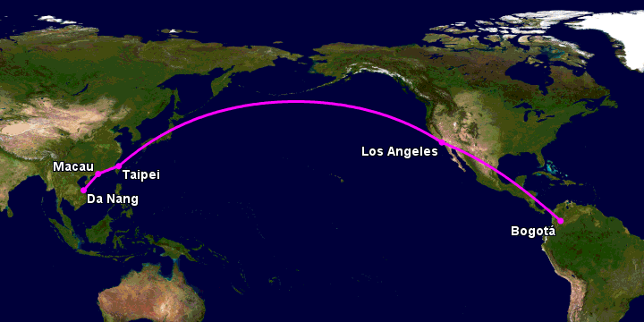 Bay từ Đà Nẵng đến Bogota qua Macau, Đài Bắc, Los Angeles