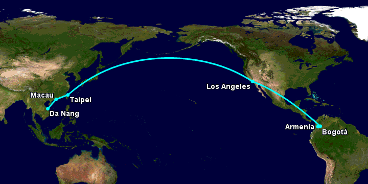 Bay từ Đà Nẵng đến Armenia qua Macau, Đài Bắc, Los Angeles, Bogotá