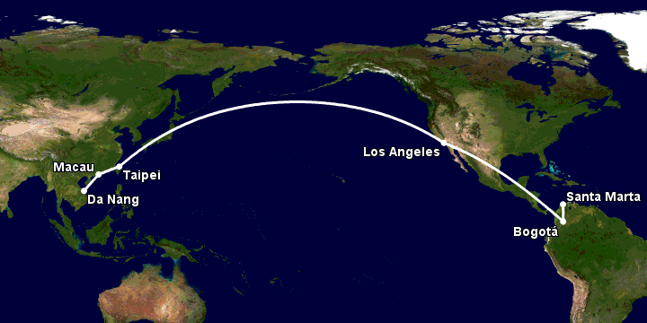 Bay từ Đà Nẵng đến Santa Marta qua Macau, Đài Bắc, Los Angeles, Bogotá