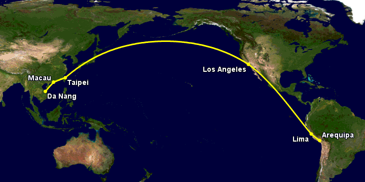 Bay từ Đà Nẵng đến Arequipa qua Macau, Đài Bắc, Los Angeles, Lima