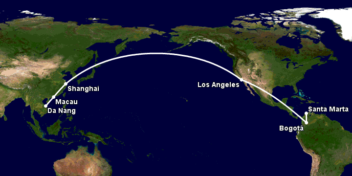 Bay từ Đà Nẵng đến Santa Marta qua Macau, Thượng Hải, Los Angeles, Bogotá