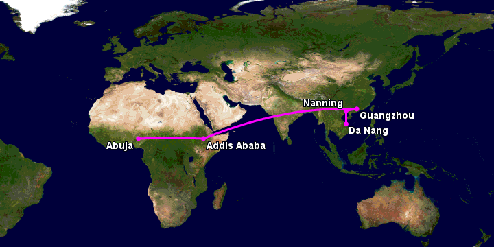 Bay từ Đà Nẵng đến Abuja qua Nanning, Quảng Châu, Addis Ababa