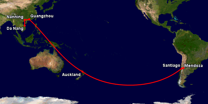 Bay từ Đà Nẵng đến Mendoza qua Nanning, Quảng Châu, Auckland, Santiago