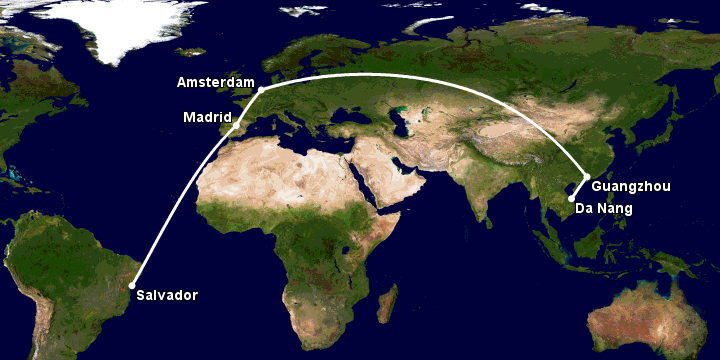 Bay từ Đà Nẵng đến Salvador qua Quảng Châu, Amsterdam, Madrid