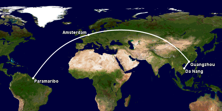 Bay từ Đà Nẵng đến Paramaribo qua Quảng Châu, Amsterdam