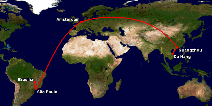 Bay từ Đà Nẵng đến Brasilia qua Quảng Châu, Amsterdam, Sao Paulo