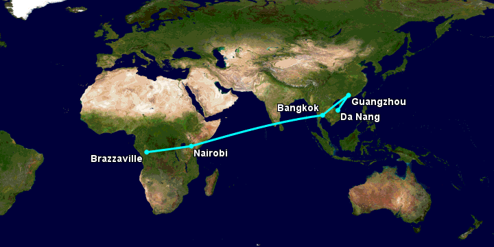 Bay từ Đà Nẵng đến Brazzaville qua Quảng Châu, Bangkok, Nairobi