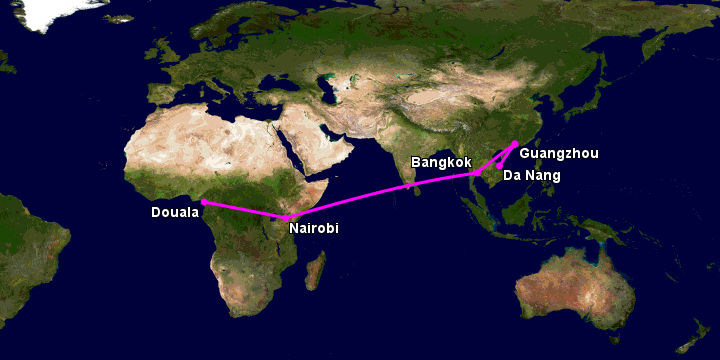 Bay từ Đà Nẵng đến Douala qua Quảng Châu, Bangkok, Nairobi