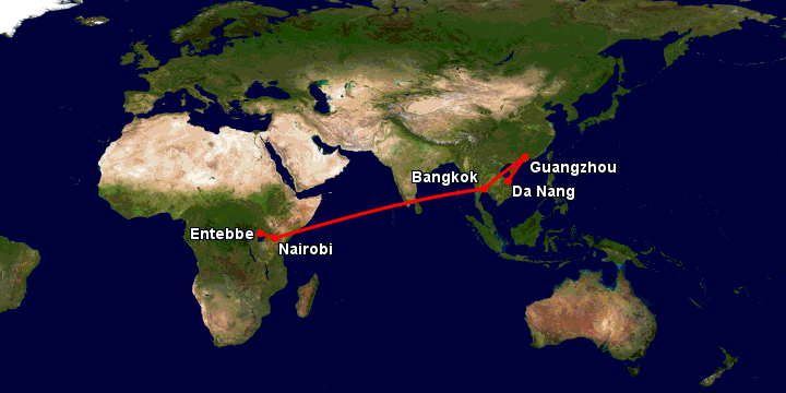 Bay từ Đà Nẵng đến Entebbe qua Quảng Châu, Bangkok, Nairobi
