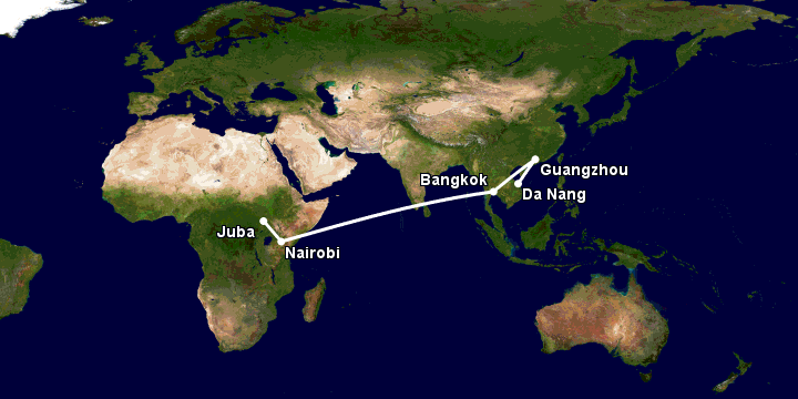 Bay từ Đà Nẵng đến Juba qua Quảng Châu, Bangkok, Nairobi