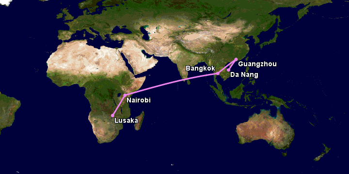 Bay từ Đà Nẵng đến Lusaka qua Quảng Châu, Bangkok, Nairobi