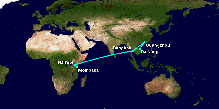 Bay từ Đà Nẵng đến Mombasa qua Quảng Châu, Bangkok, Nairobi