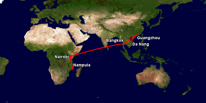 Bay từ Đà Nẵng đến Nampula qua Quảng Châu, Bangkok, Nairobi