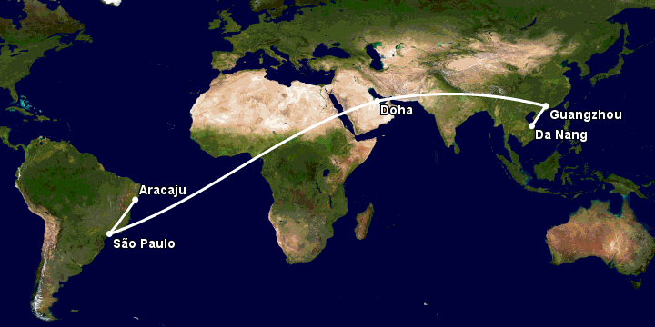 Bay từ Đà Nẵng đến Aracaju qua Quảng Châu, Doha, Sao Paulo