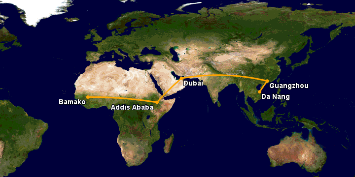 Bay từ Đà Nẵng đến Bamako qua Quảng Châu, Dubai, Addis Ababa